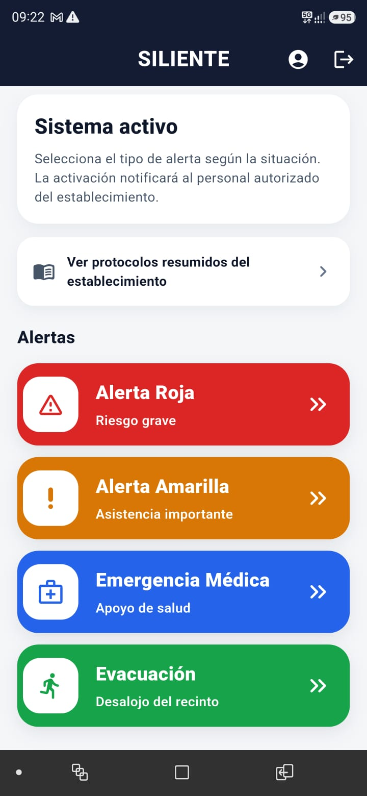 Pantalla principal de SILIENTE con los cuatro tipos de alerta
