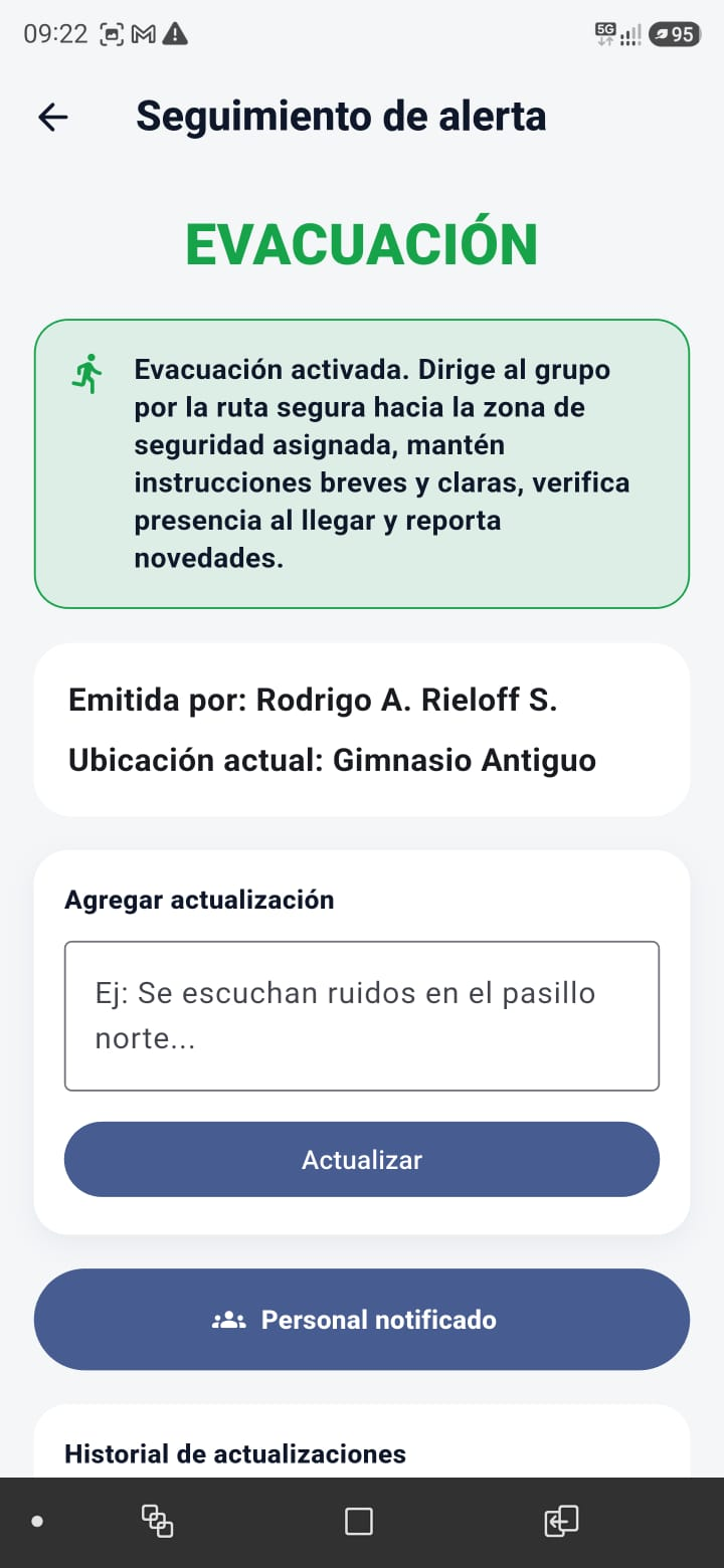 Pantalla de seguimiento de una alerta de evacuación